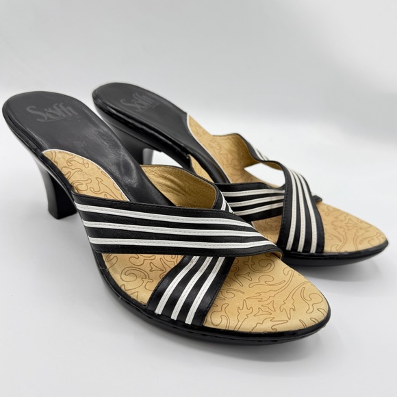 Sofft Black & White Striped Strappy Leather Heeled Sandals Slides Size 9M - Picture 1 of 16